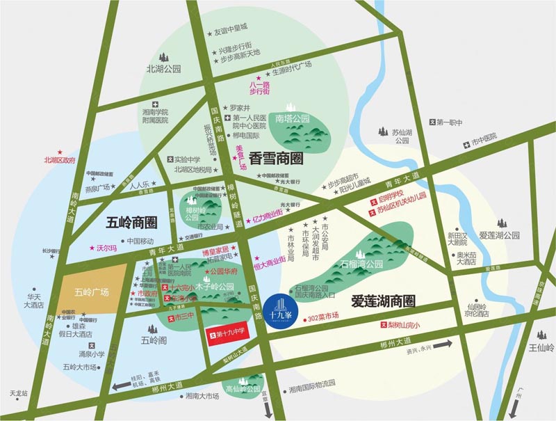 郴州十九峯位于郴州市国庆南路与丁家湾路交汇处（十九中旁）,近期房价5700元/平米,后续将不定期为您带来郴州十九峯房价走势等动态,包括开盘日期、团购优惠、户型图等信息。